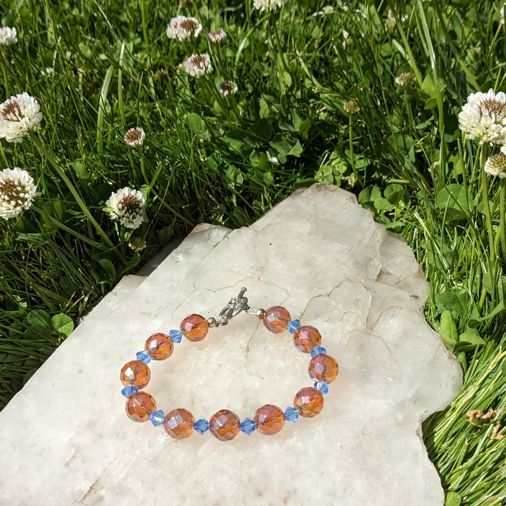 Handmade Faceted Tangerine Aura Quartz and Blue Bicone Bracelet - 6 3/4"